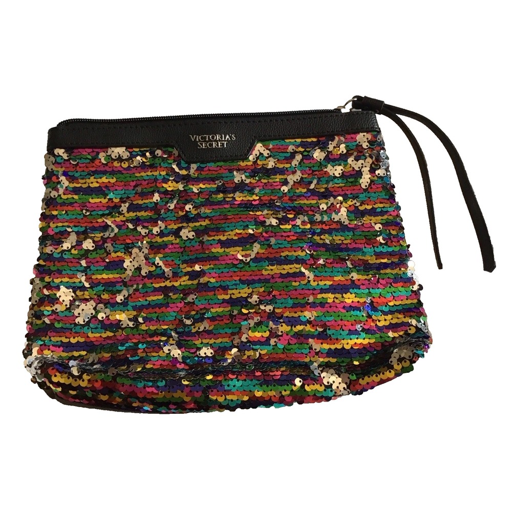 Victoria's Secret Reversible Sequins Cosmetic Zip Bag Rainbow Logo Pouch Clutch